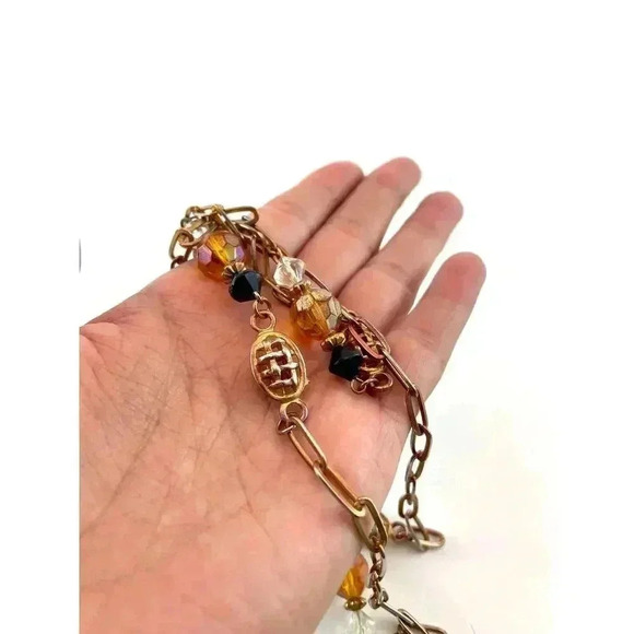 Brown Glass Bead Station Necklace Bronze Toned Tan Orange Black Chain 37" - Picture 6 of 9